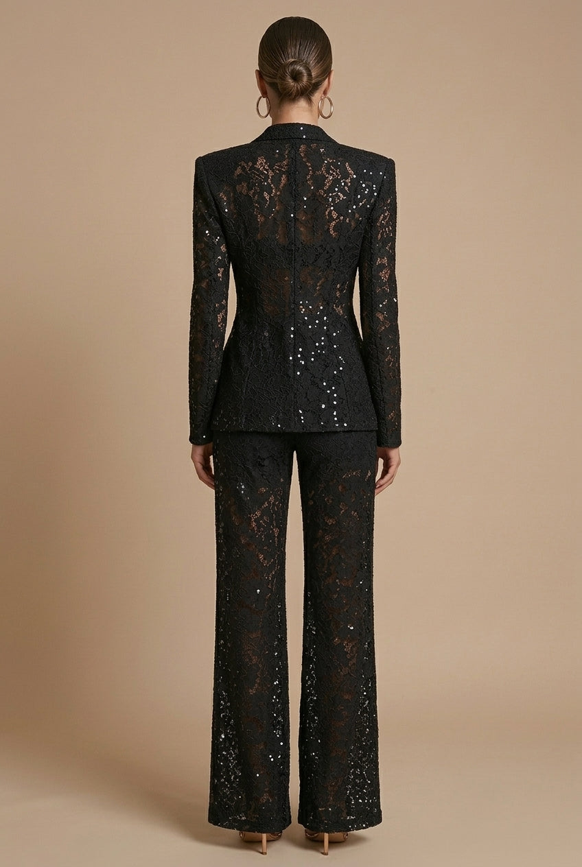 Women's Floral Lace Two-Piece Suit – Peplum Blazer Wide-Leg Trousers