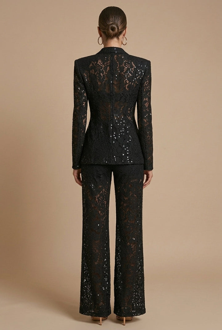 Women's Floral Lace Two-Piece Suit – Peplum Blazer Wide-Leg Trousers