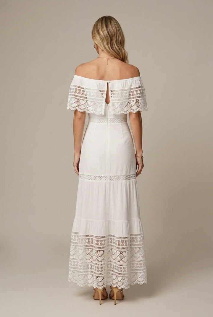 Women's Off Shoulder Lace Maxi Dress – Tiered Ruffle Sleeves