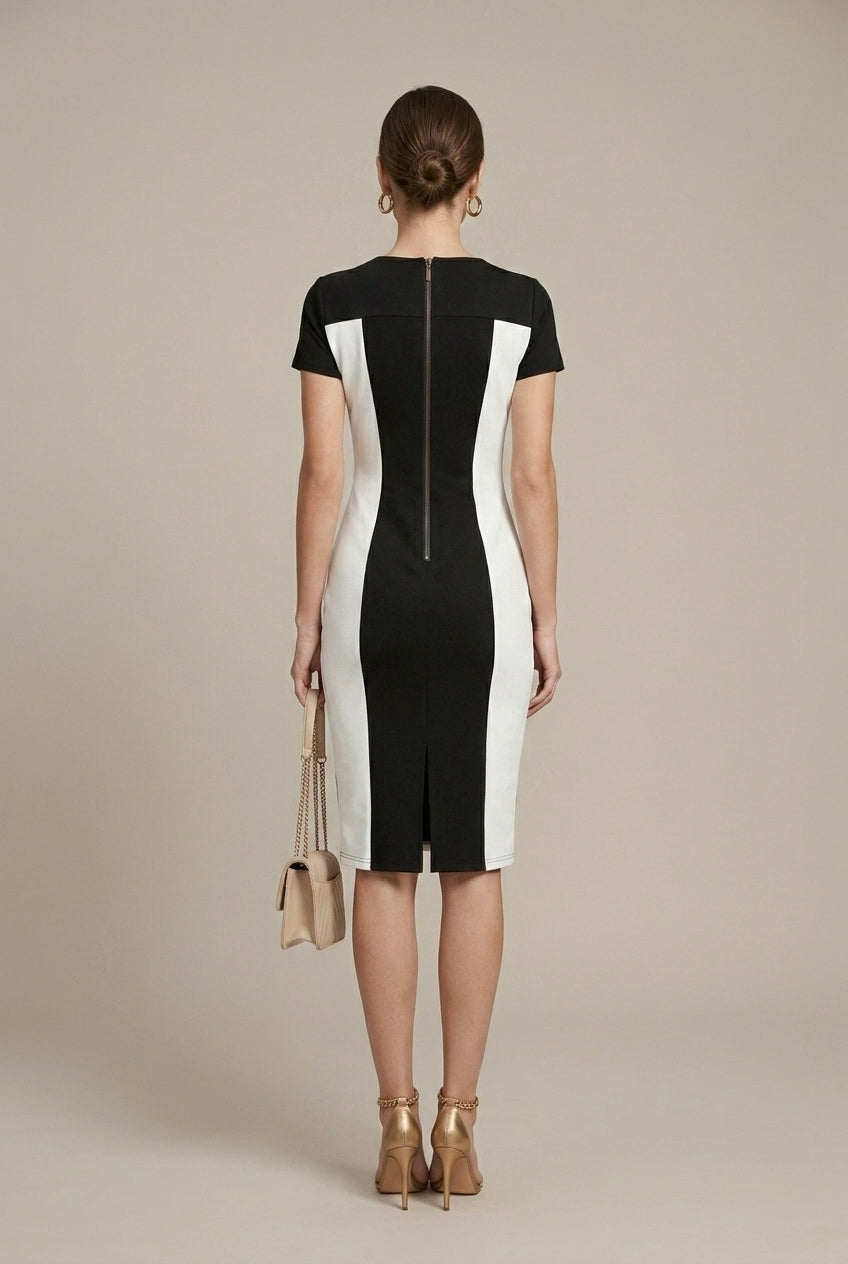 Women's Colour Block V-Neck Bodycon Midi Dress – Short Sleeve