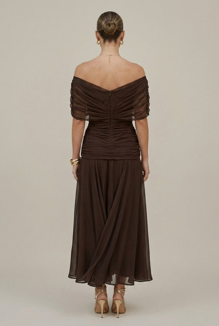 Women's Off Shoulder Maxi Dress Wrap V-Neck – Draped Ruched Waist