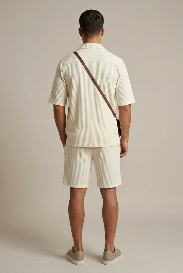 Men's Ribbed Two Piece Set – Short Sleeve Shirt & Drawstring Trousers