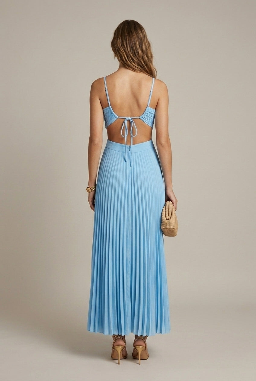 Women's Halter Neck Pleated Maxi Dress – Keyhole Cut-Out Ruched Waist