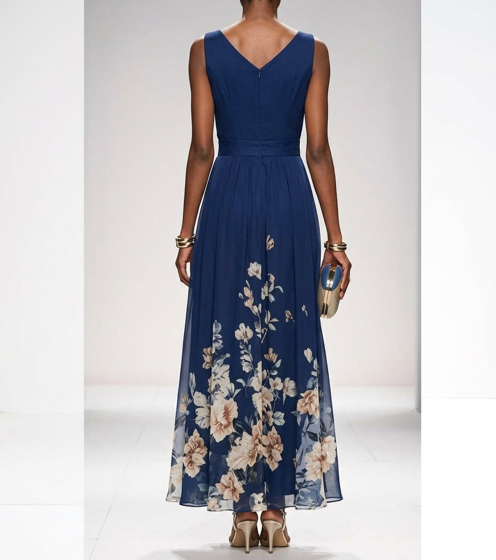 Women's Floral Border Print Maxi Dress – V-Neck Sleeveless