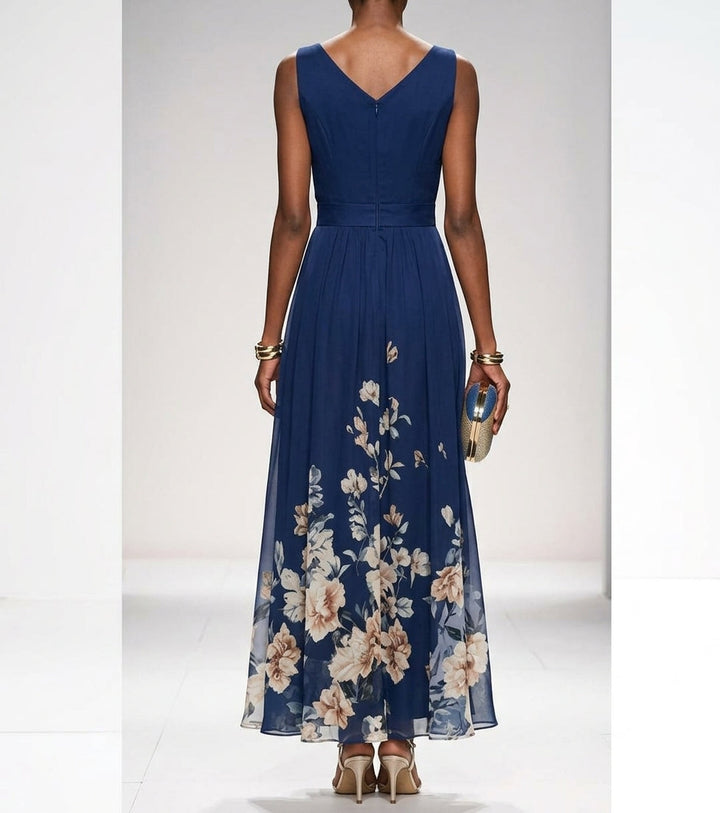 Women's Floral Border Print Maxi Dress – V-Neck Sleeveless