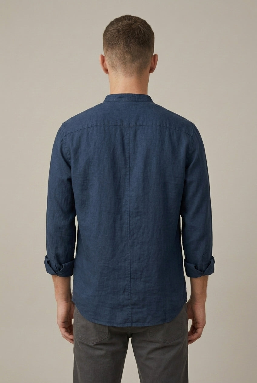Men's Linen Blend Shirt – Band Collar Long Sleeve with Pocket