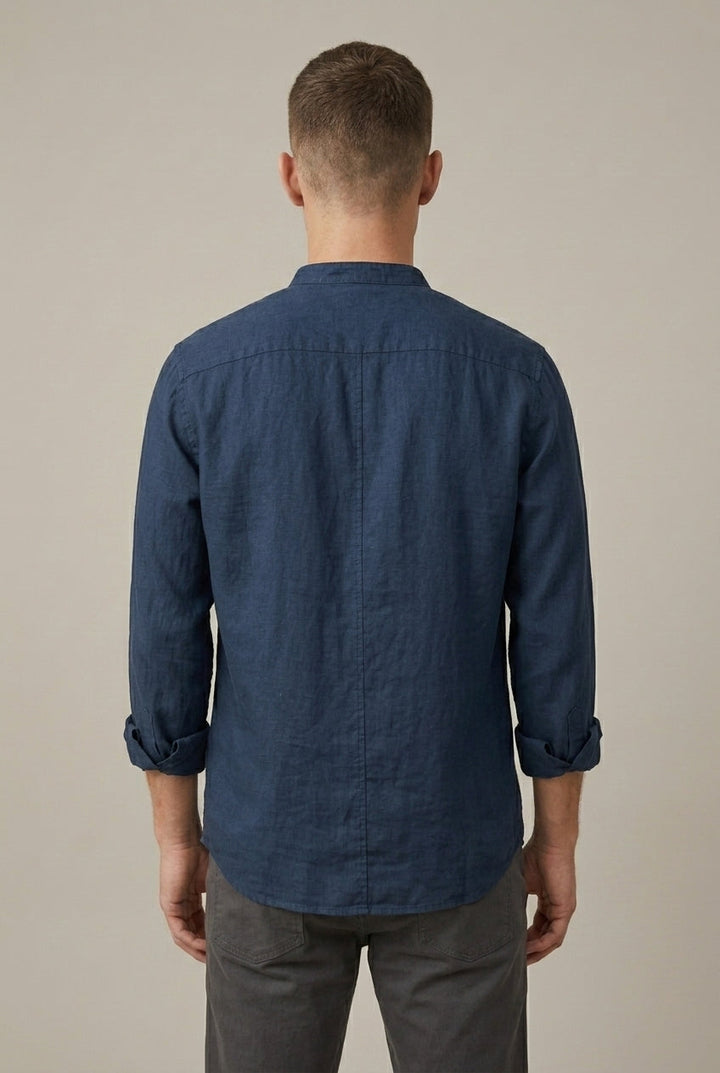 Men's Linen Blend Shirt – Band Collar Long Sleeve with Pocket