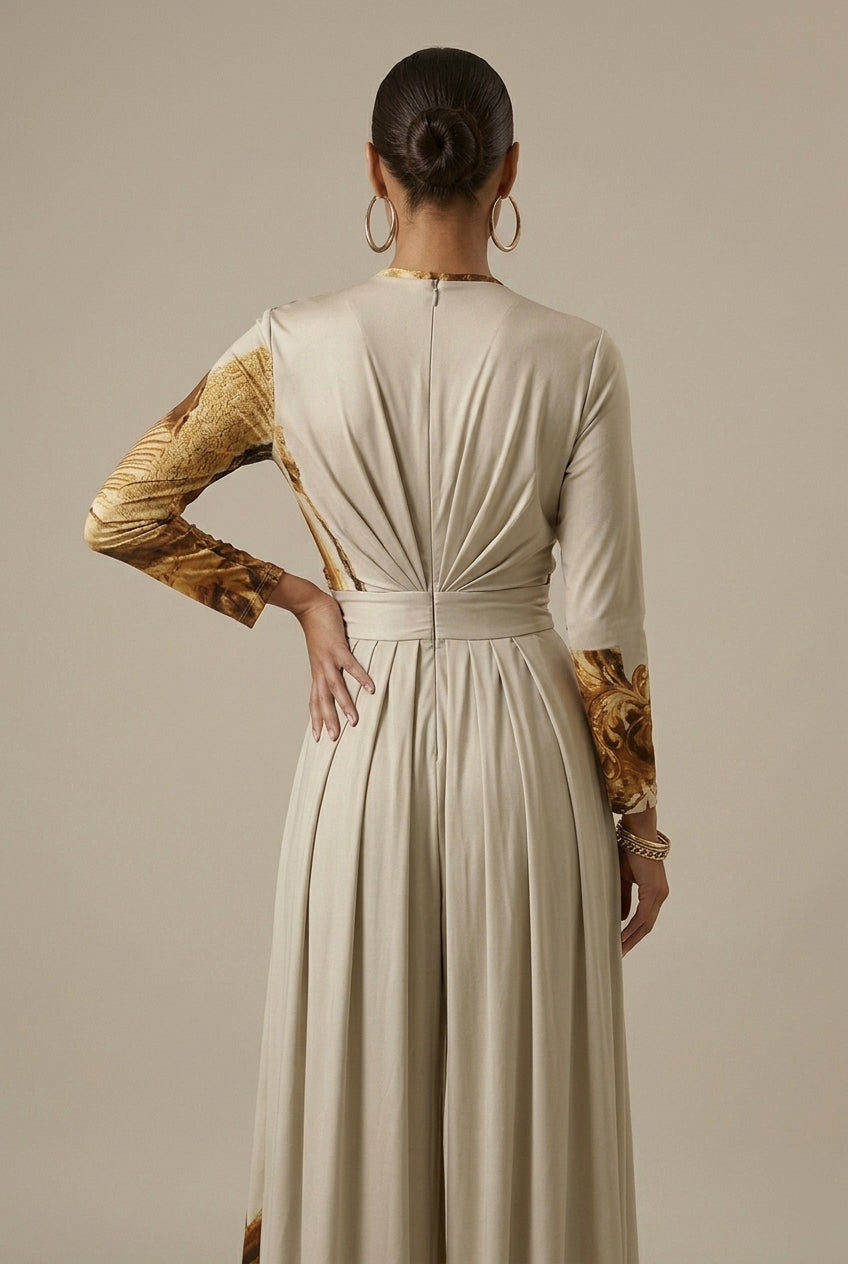 Women's Abstract Print Jumpsuit – V-Neck Wide Leg Long Sleeve