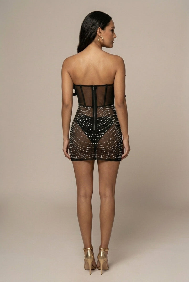 Bodycon Strapless Dress – Rhinestone & Pearl Embellished