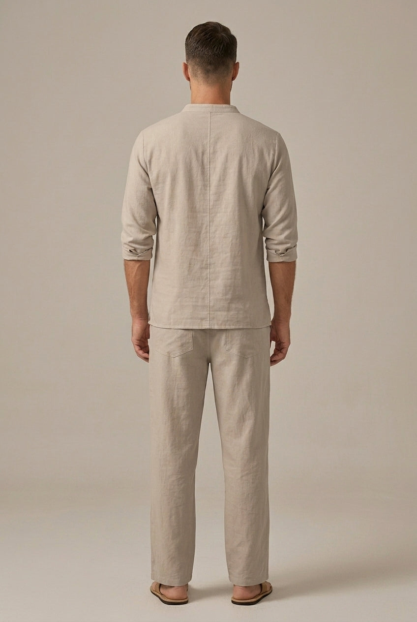 Men's Linen Two Piece Set – Lace-Up V-Neck Long Sleeve