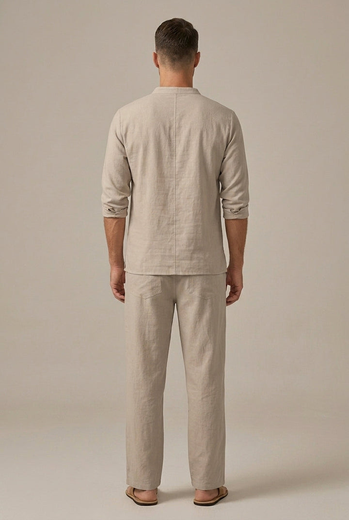 Men's Linen Two Piece Set – Lace-Up V-Neck Long Sleeve