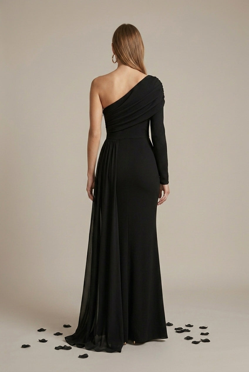 Women's Off Shoulder Fishtail Maxi Dress – Slant Neck Long Sleeve
