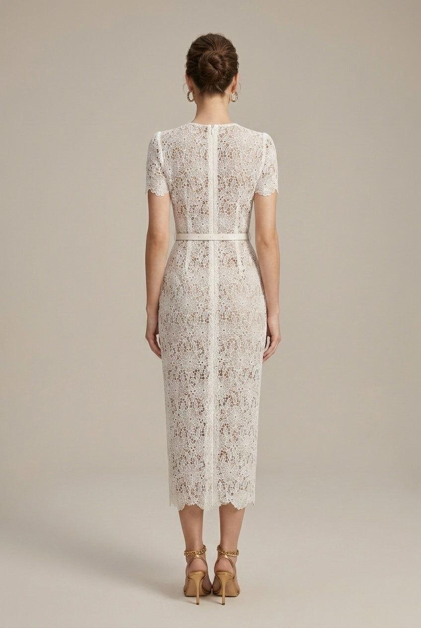 Women's Lace Midi Dress – Button-Down V-Neck Short Sleeve