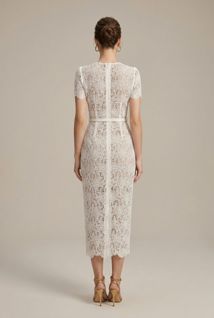 Women's Lace Midi Dress – Button-Down V-Neck Short Sleeve
