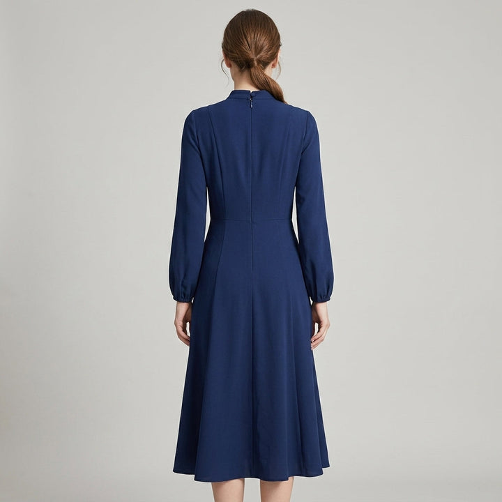 Women's Midi Dress – A-Line Tie Waist & Bow Neckline