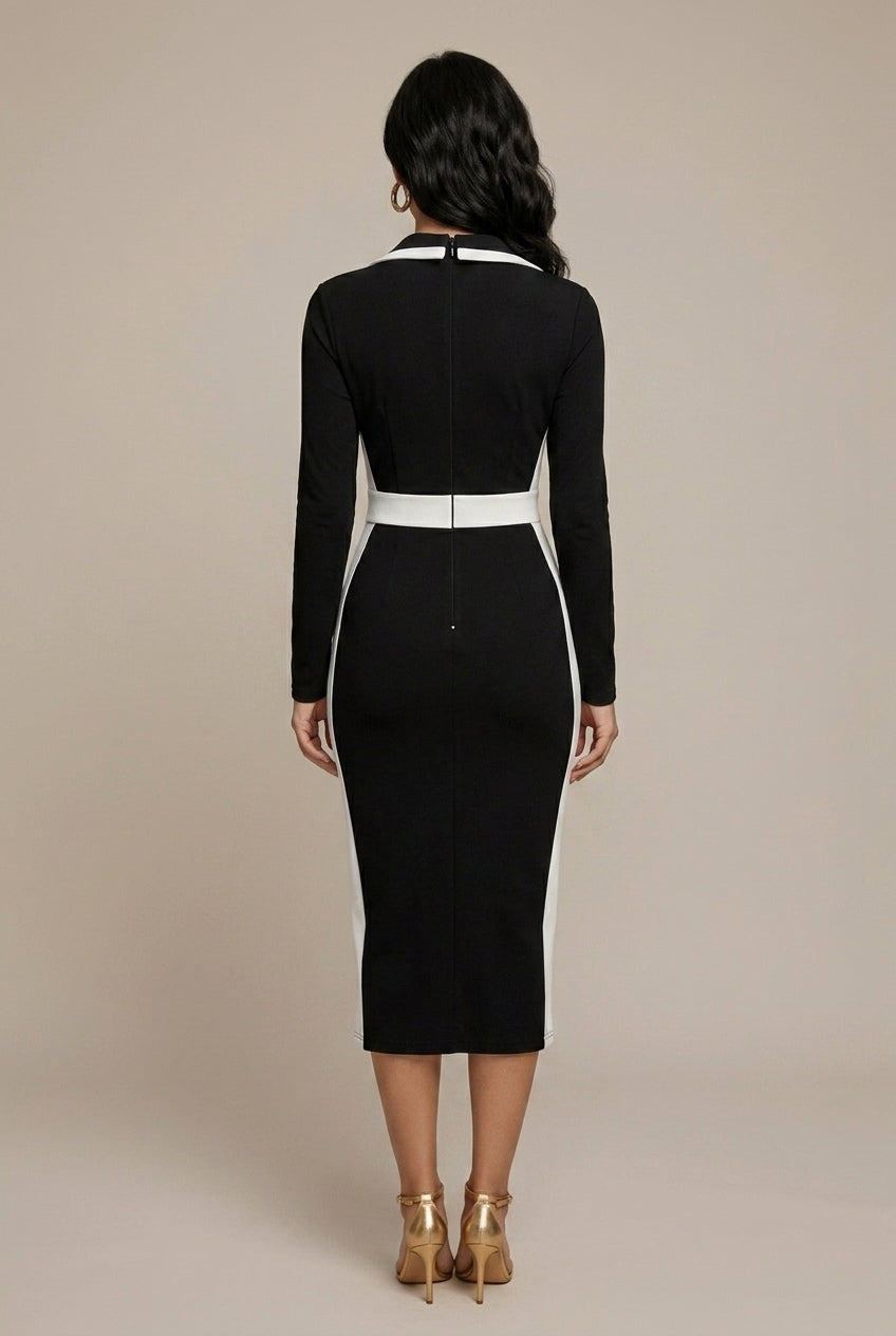 Women's Blazer-Style Bodycon Midi Dress – Contrast Trim