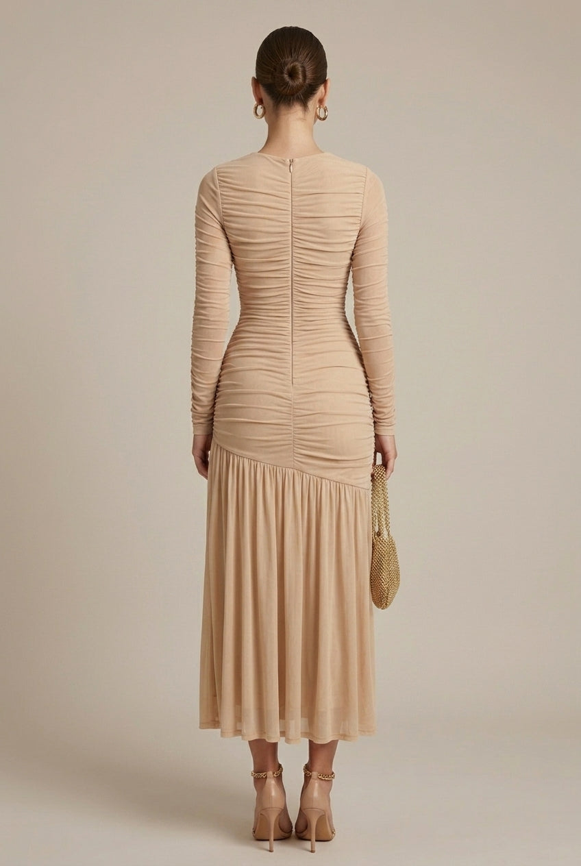 Women's Ruched Drop Waist Maxi Dress Long Sleeve – Fluted Skirt