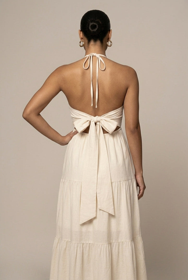 Women's Halter Neck Maxi Dress Tiered Ruffle Skirt – Deep V Open Back