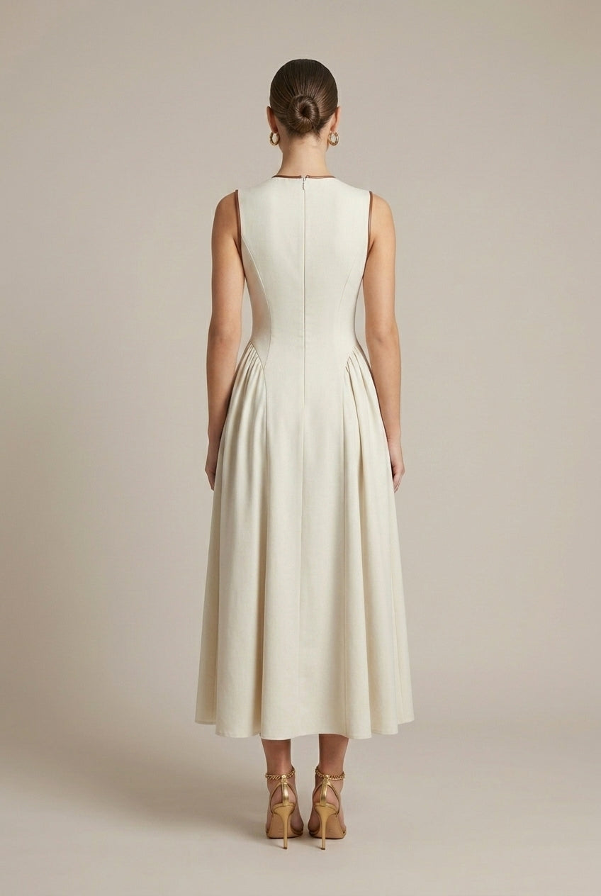 Women's Drop Waist Maxi Dress Bow Tie Detail – A-Line Contrast Trim
