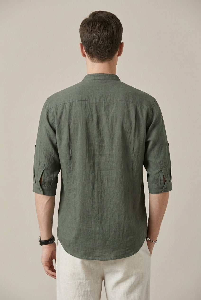 Men's Cotton Linen Blend Shirt – Band Collar Three-Quarter Sleeve