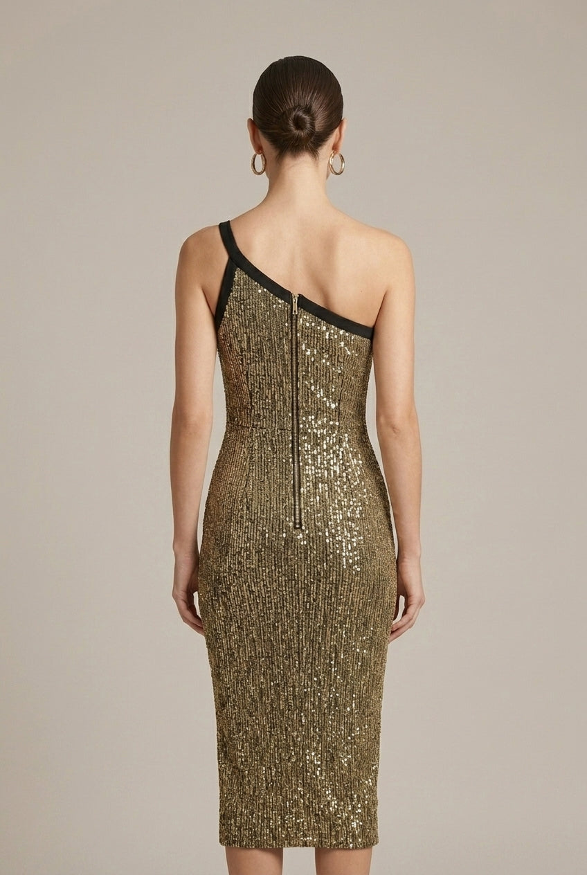 Women's Sequined Bodycon Cocktail Dress – Single Shoulder