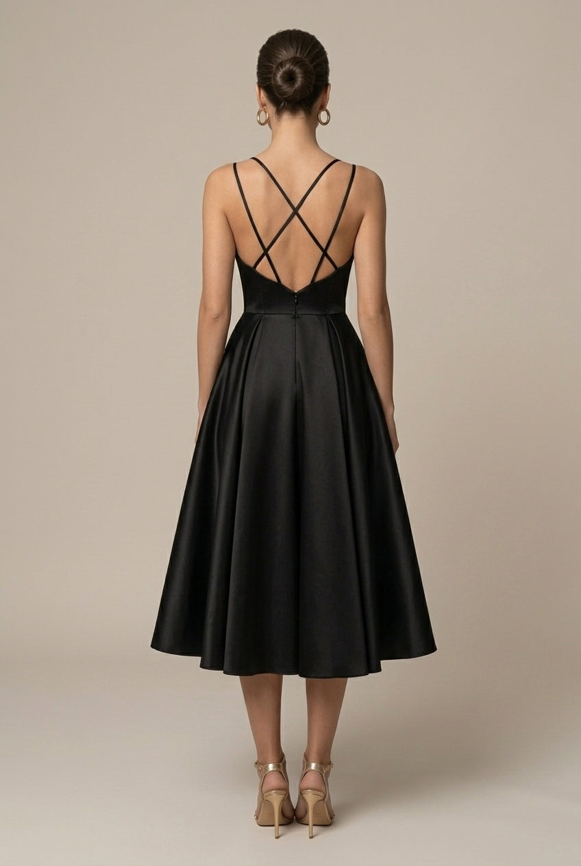Women's A-Line Midi Dress Deep V Sweetheart – Spaghetti Straps