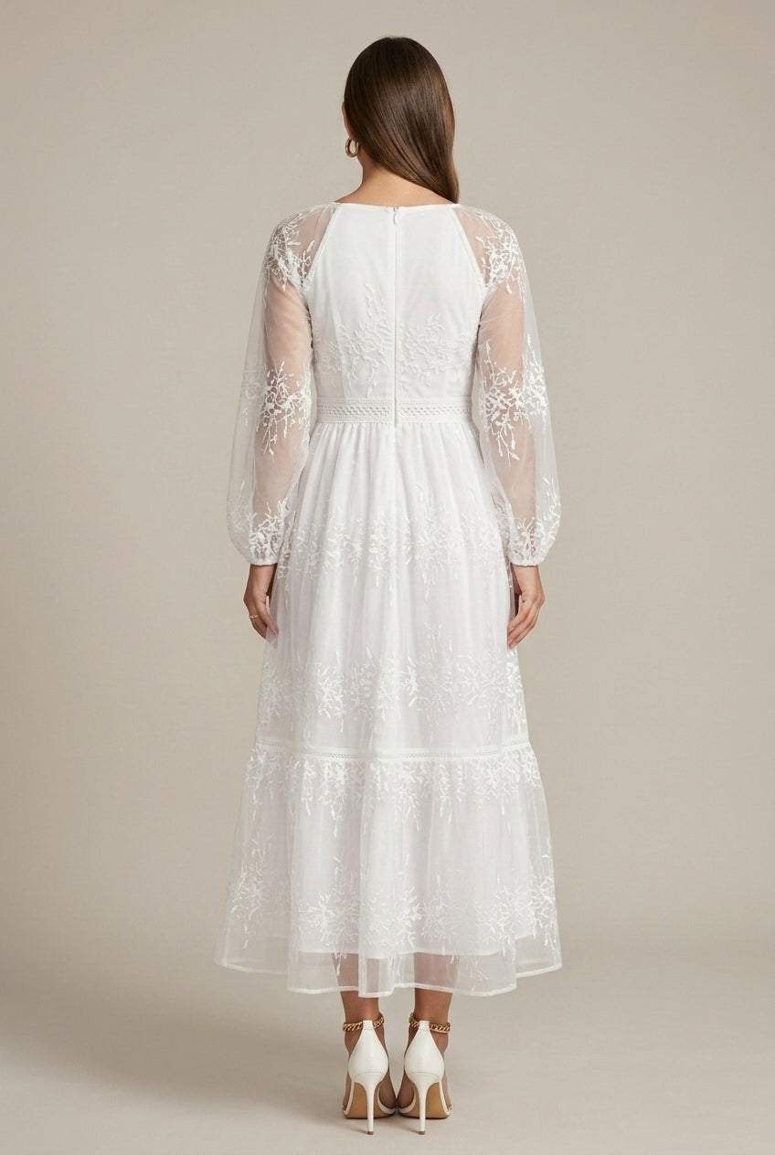 Women's Embroidered Lace Maxi Dress – V-Neck Tiered Sleeves