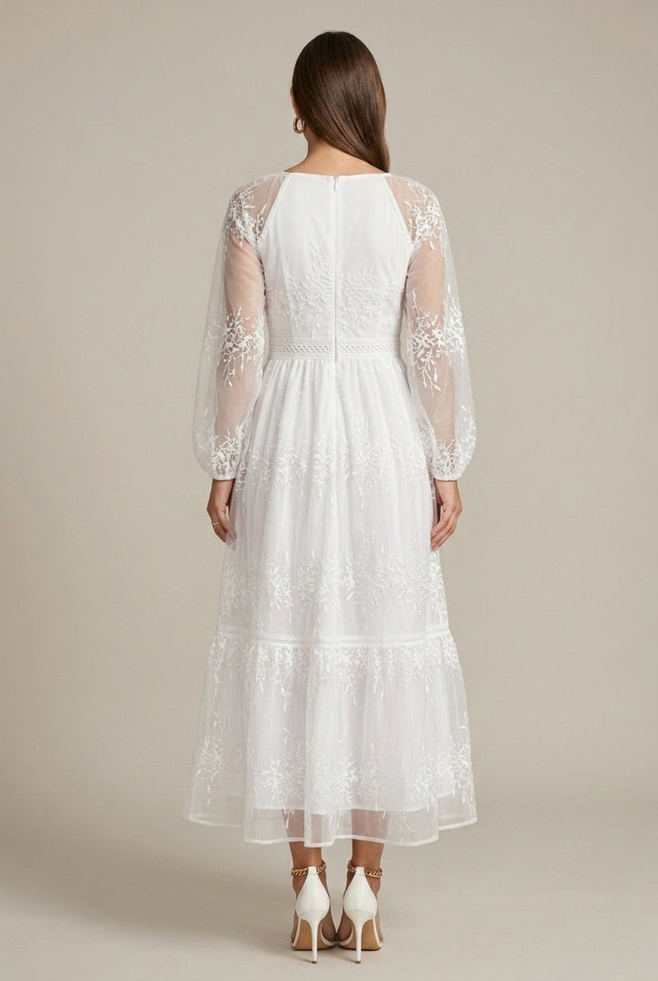 Women's Embroidered Lace Maxi Dress – V-Neck Tiered Sleeves