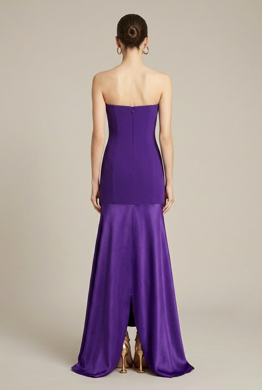 Women's Strapless Satin Maxi Dress Drop Waist – Evening Gown Back Slit