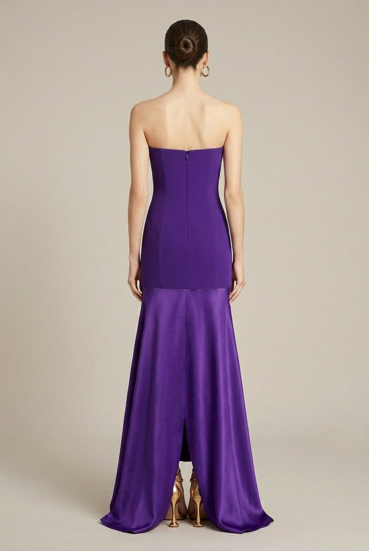 Women's Strapless Satin Maxi Dress Drop Waist – Evening Gown Back Slit