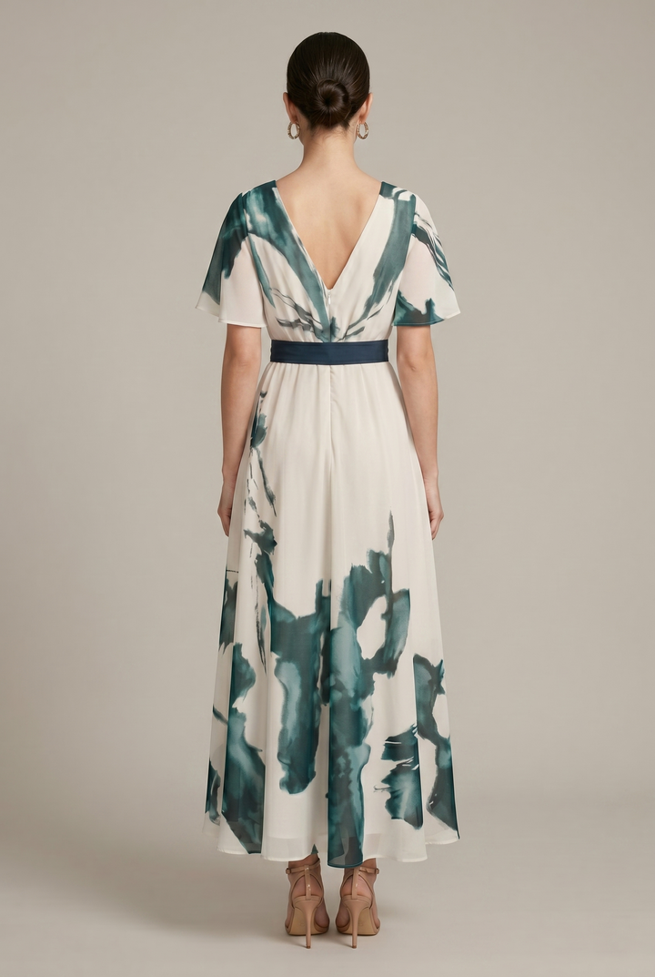 Women's Abstract Print Wrap Maxi Dress – Tie Waist V-Neck