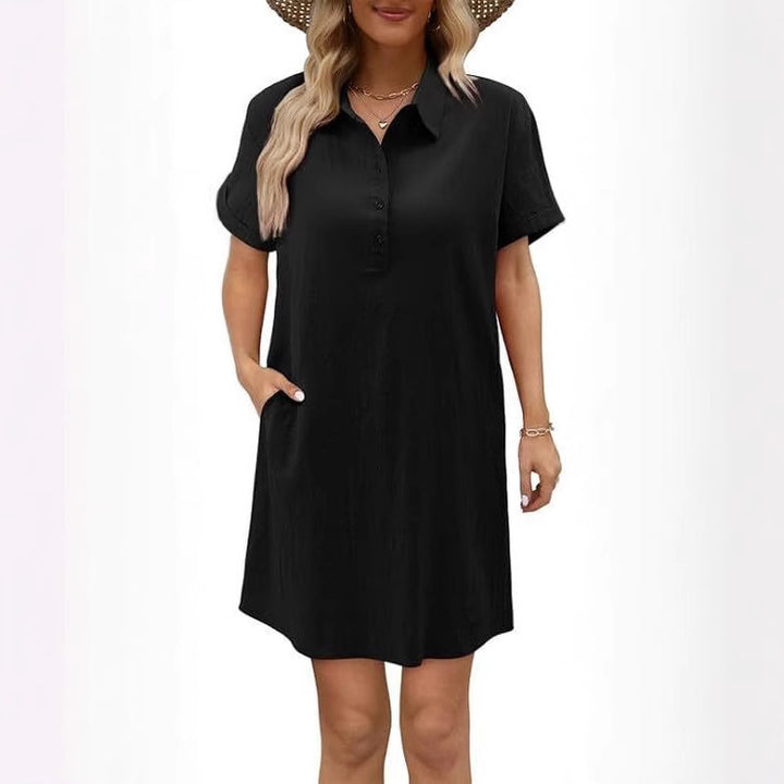 Linen Midi Dress – Women's V-Neck Button-Down Shirt Dress with Pockets