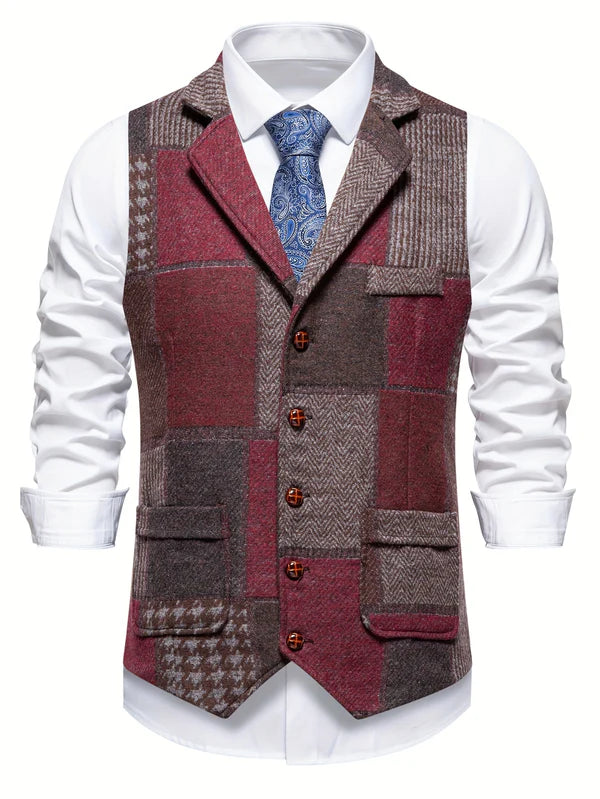 Men's Patchwork Herringbone Waistcoat – Single Breasted Woven Vest