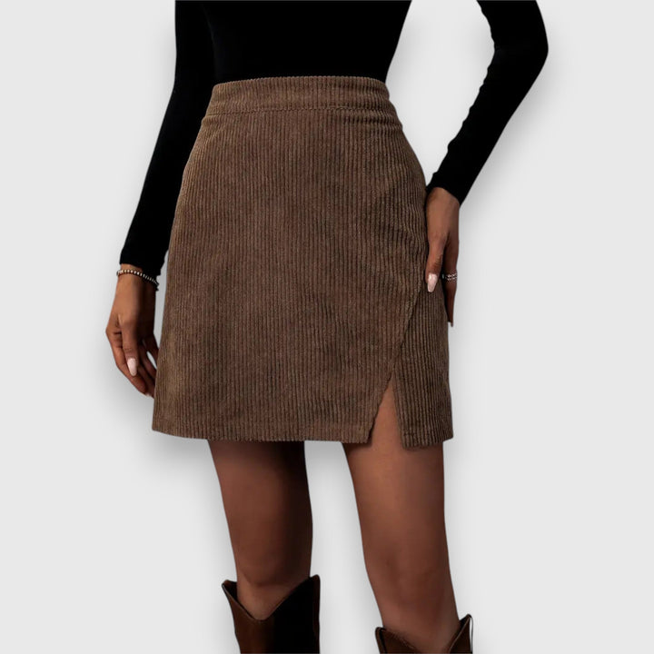 Women's Corduroy Mini Skirt – High-Waisted Side Slit