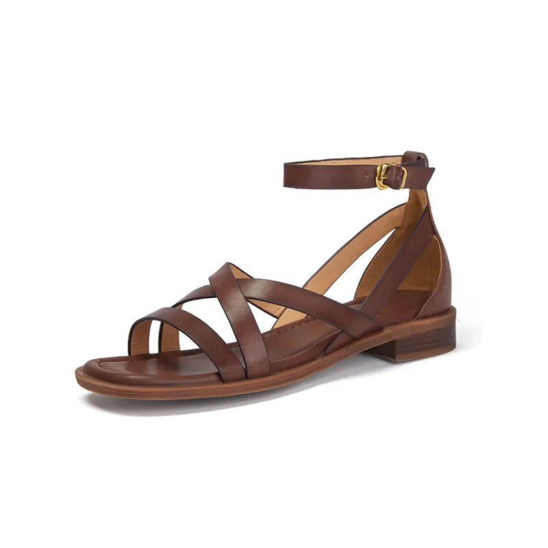 Women's Flat Sandals – Cross-Strap Ankle Buckle Design