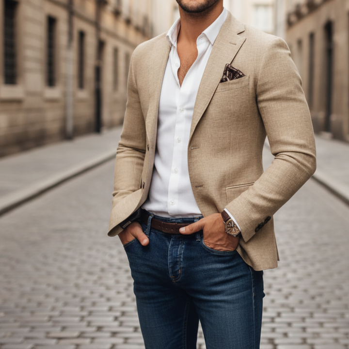 Men's Slim-Fit Structured Woven Blazer – Single Button Front Pockets