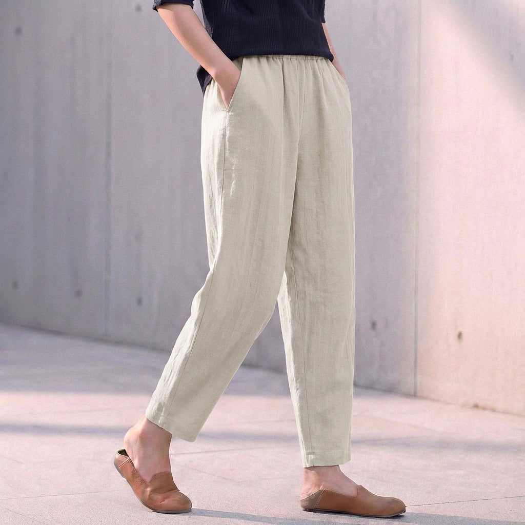 Women's Linen Blend Tapered Ankle Trousers – Relaxed Fit