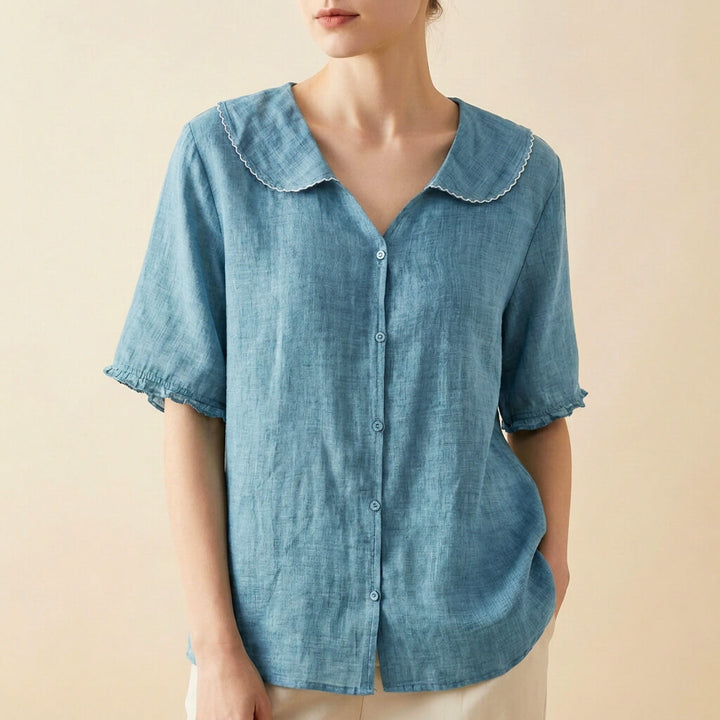 Women's Cotton-Linen Blend Blouse – Oversized Scalloped Collar