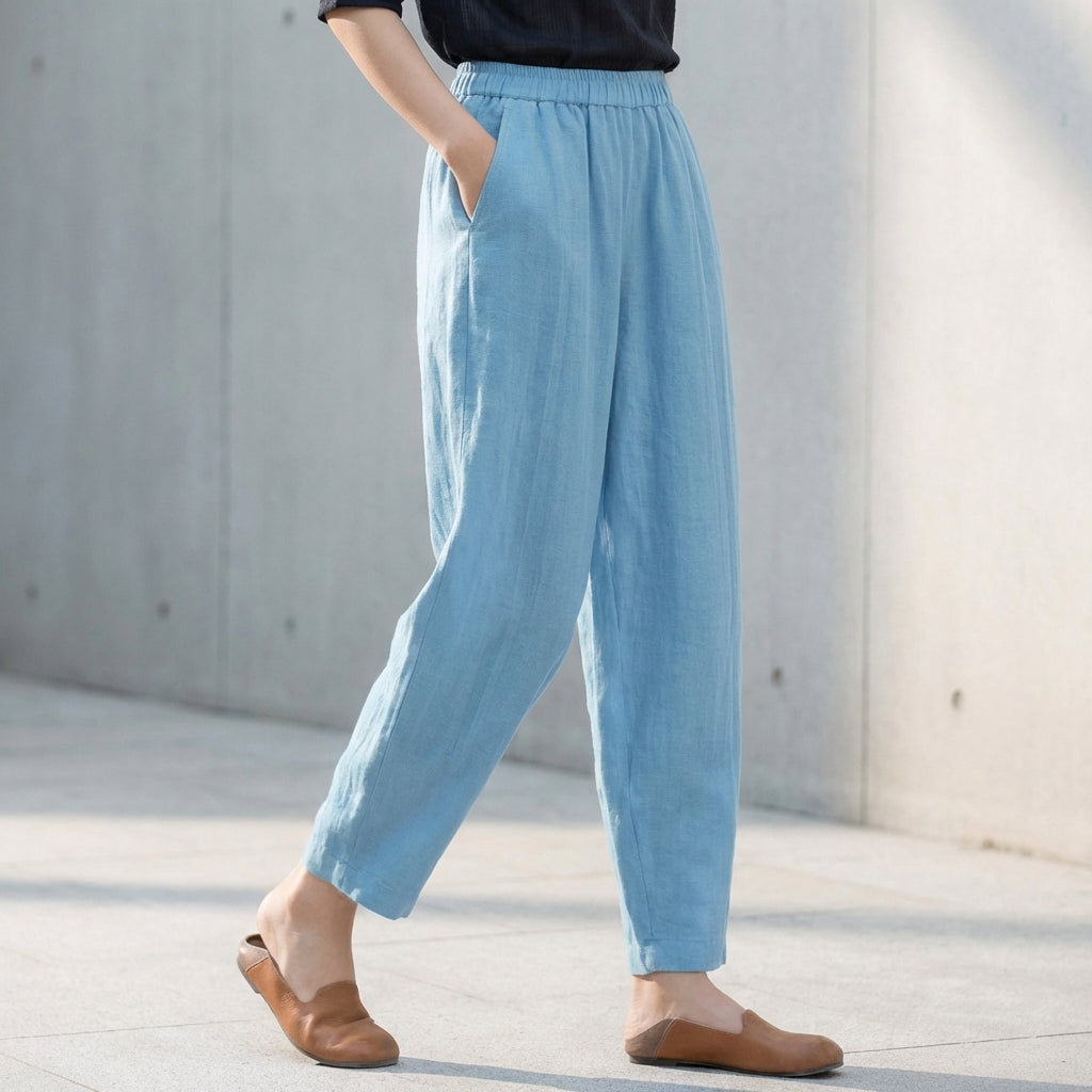 Women's Linen Blend Tapered Ankle Trousers – Relaxed Fit