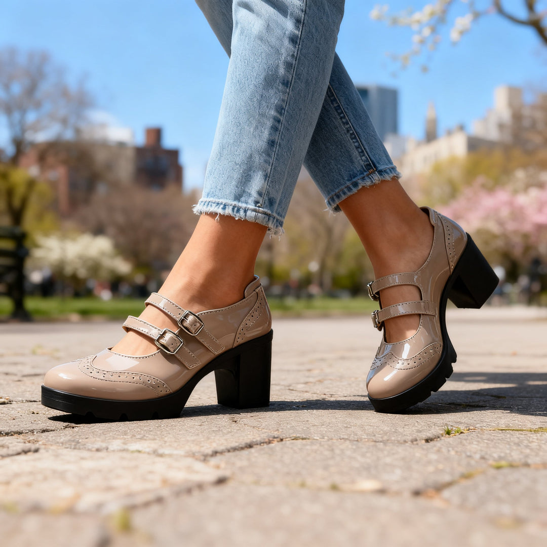Women's Platform Mary Jane Heels – Double Strap Block Heel