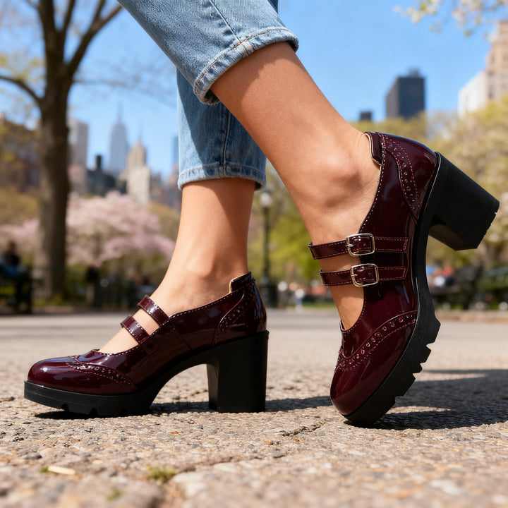Women's Platform Mary Jane Heels – Double Strap Block Heel