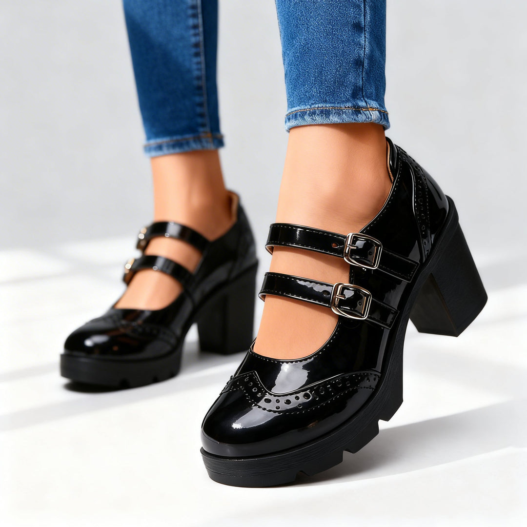 Women's Platform Mary Jane Heels – Double Strap Block Heel