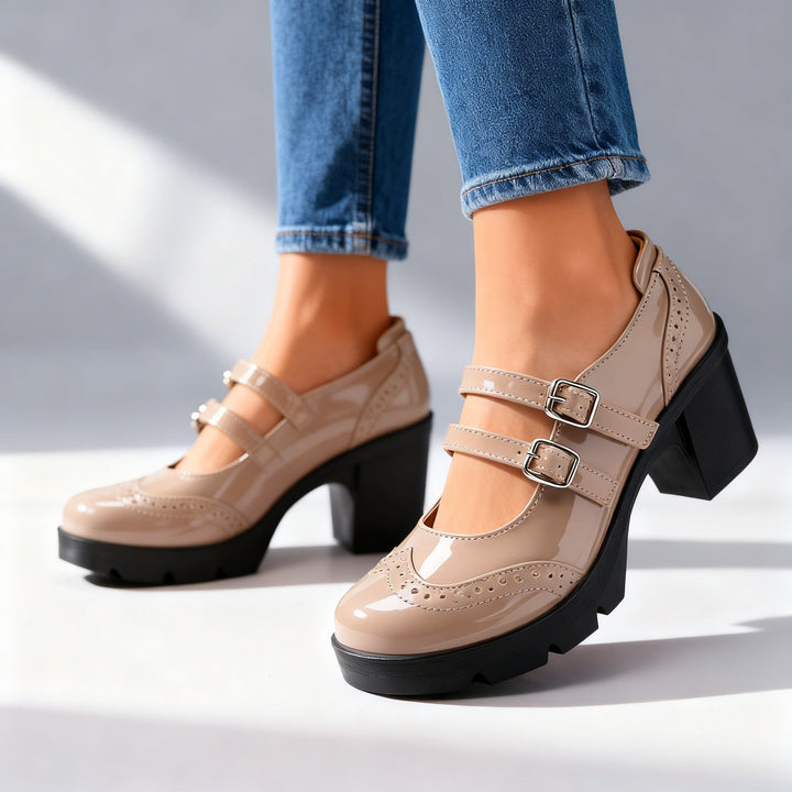 Women's Platform Mary Jane Heels – Double Strap Block Heel