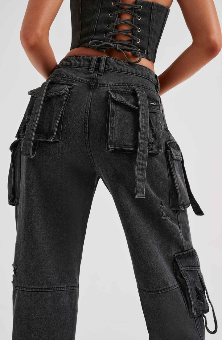Women's Low Waist Denim Cargo Trousers – Pocket Stitch Detail & Straight Leg