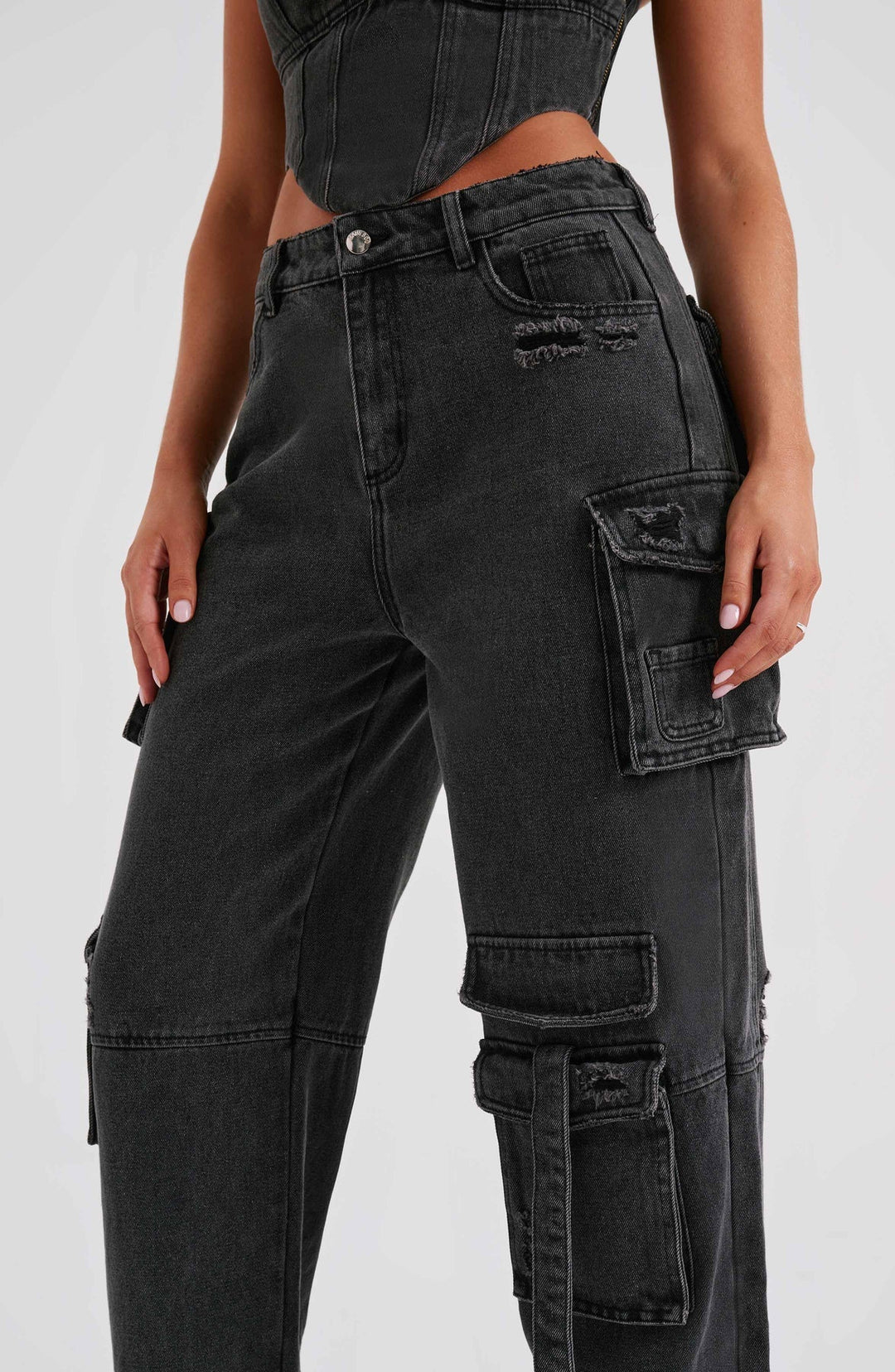 Women's Low Waist Denim Cargo Trousers – Pocket Stitch Detail & Straight Leg