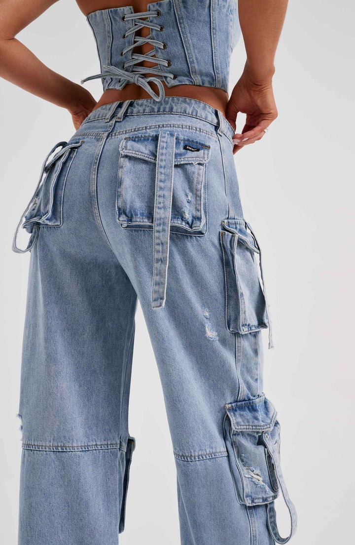 Women's Low Waist Denim Cargo Trousers – Pocket Stitch Detail & Straight Leg
