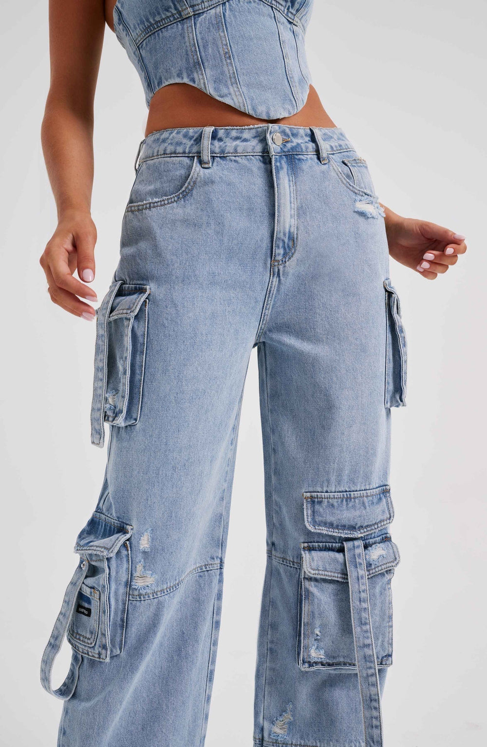 Women's Low Waist Denim Cargo Trousers – Pocket Stitch Detail & Straight Leg
