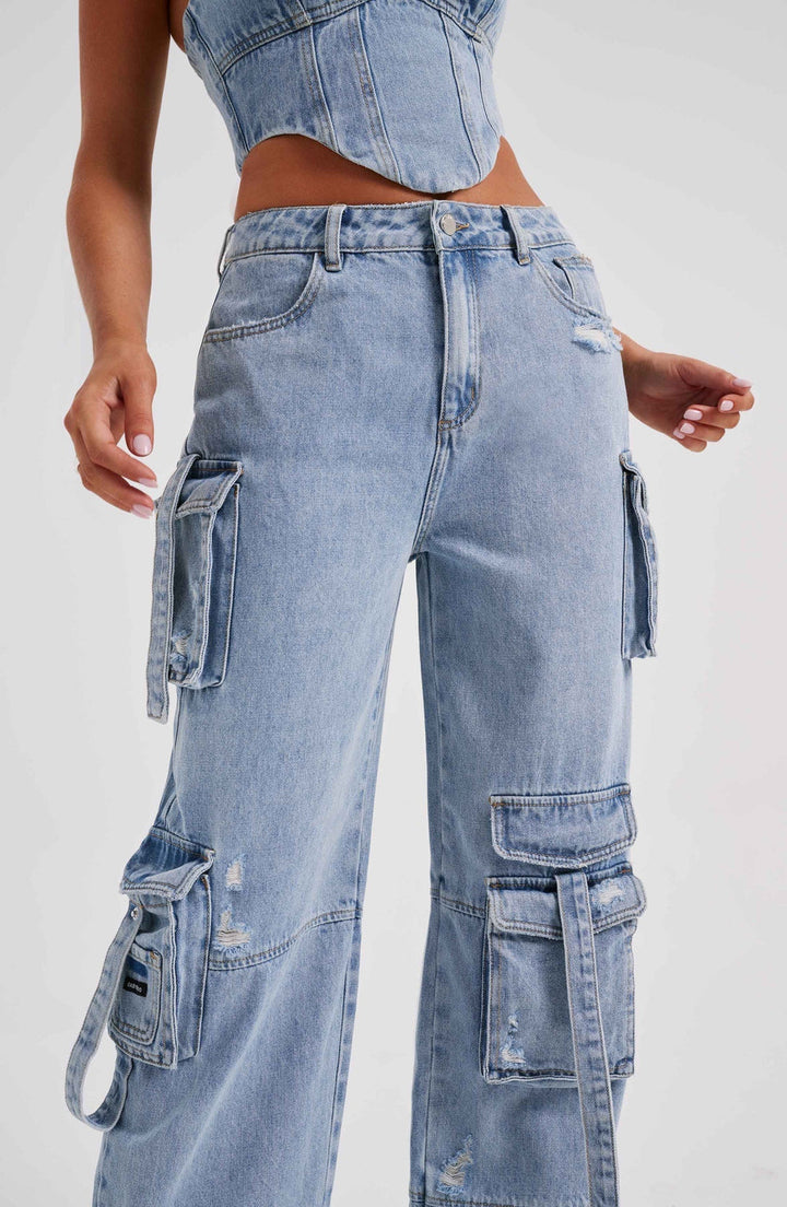 Women's Low Waist Denim Cargo Trousers – Pocket Stitch Detail & Straight Leg