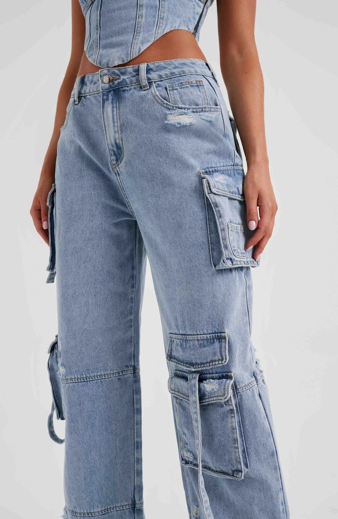 Women's Low Waist Denim Cargo Trousers – Pocket Stitch Detail & Straight Leg