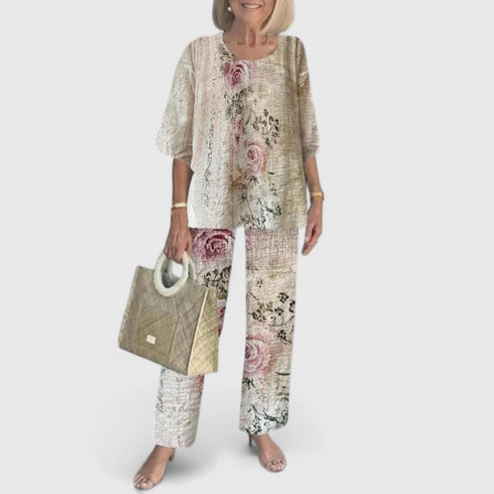 Women's Floral Pants Two-Piece Set – Round Neck Half Sleeve Co-ord